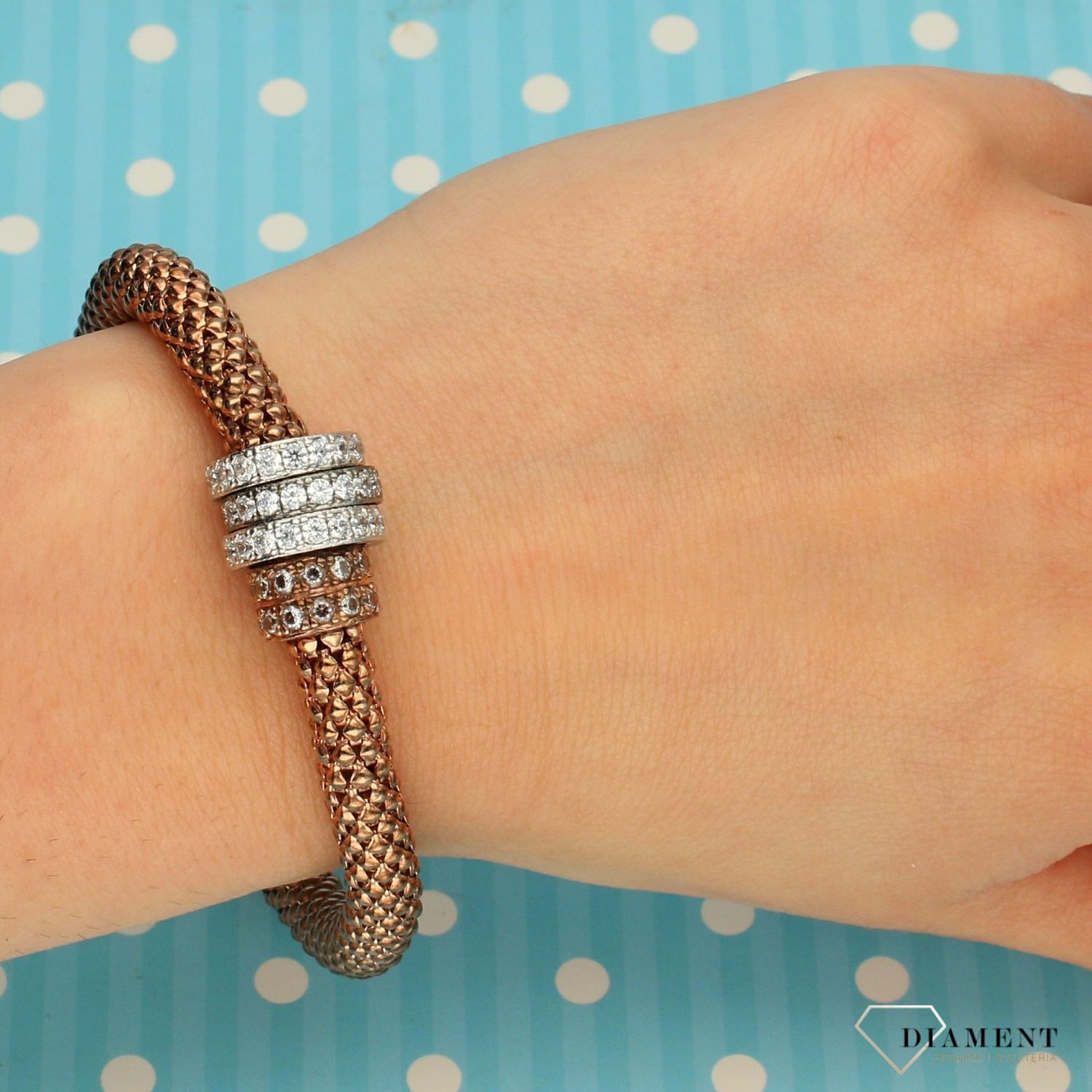 Srebrna bransoletka pozłacana różowe złoto z cyrkonią  (2).jpg